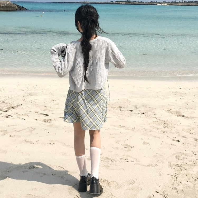 リボンチェックキャミソールミニワンピース SKY BLUE