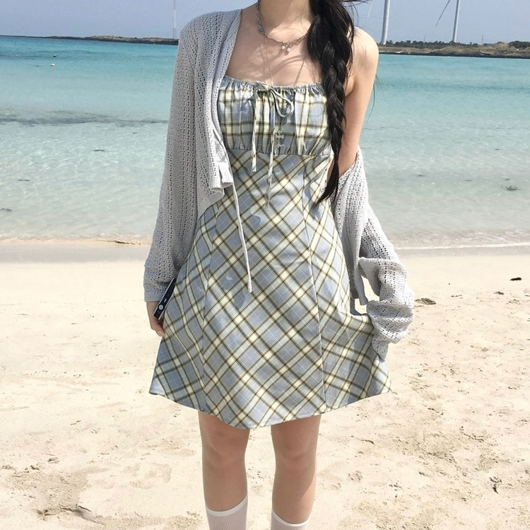 リボンチェックキャミソールミニワンピース SKY BLUE