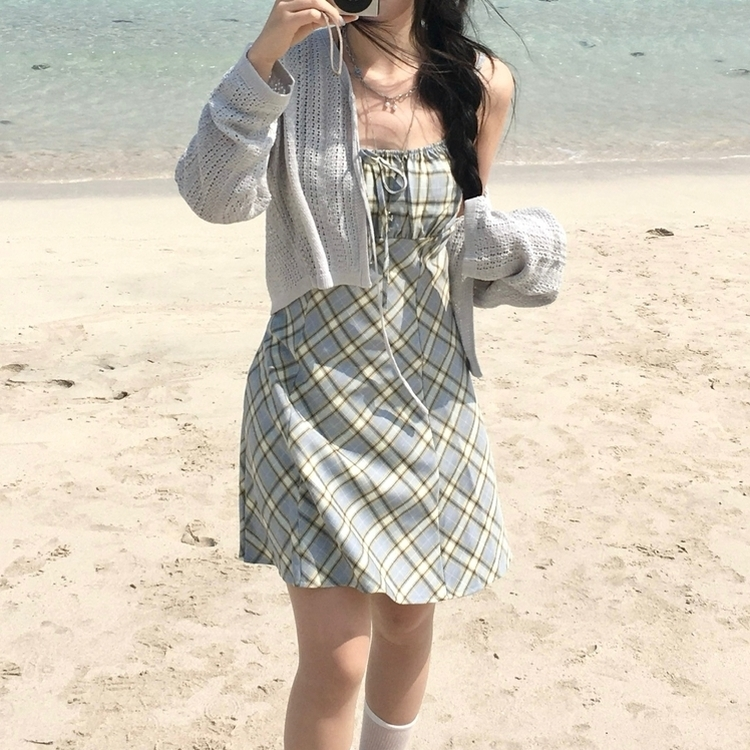 リボンチェックキャミソールミニワンピース SKY BLUE