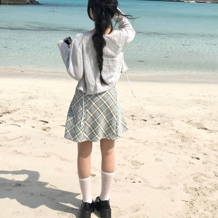 リボンチェックキャミソールミニワンピース SKY BLUE