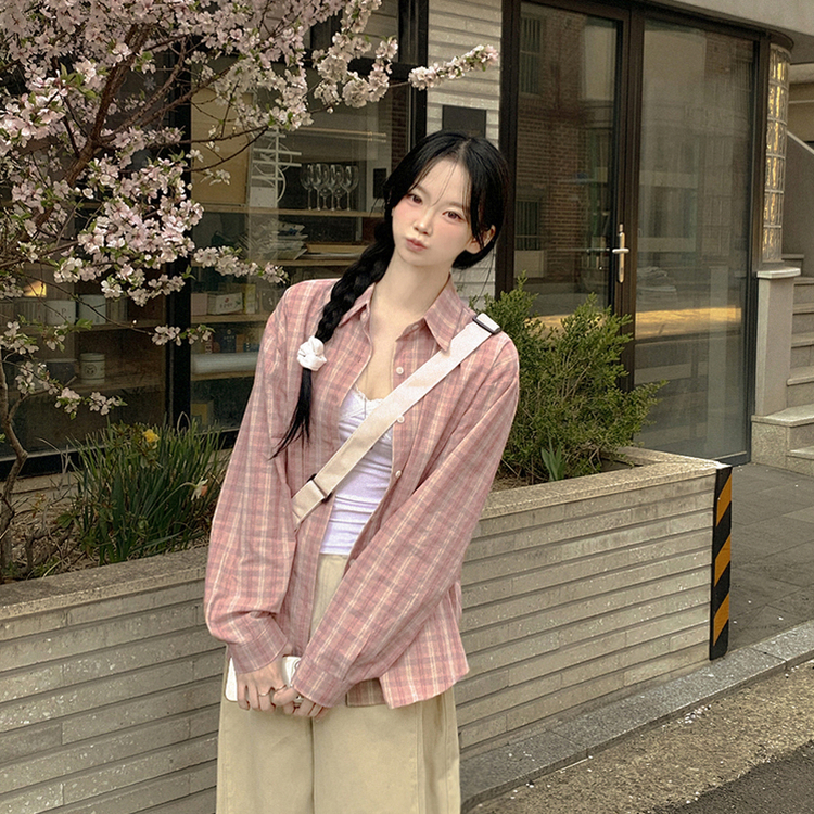 빈티지 너드미 코튼 핑크 체크셔츠 벚꽃룩 핑크