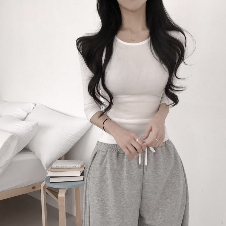 サイドシャーリング7分Tシャツ(10color) IVORY