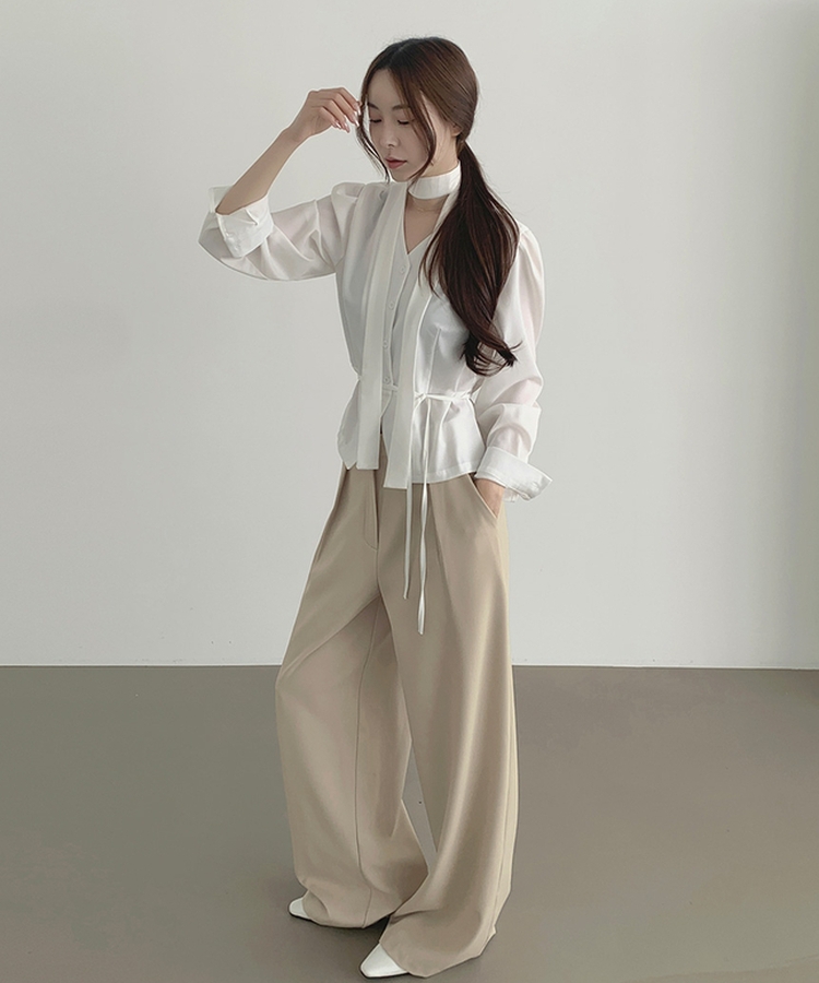 プリーツワイドバンドスラックス BEIGE