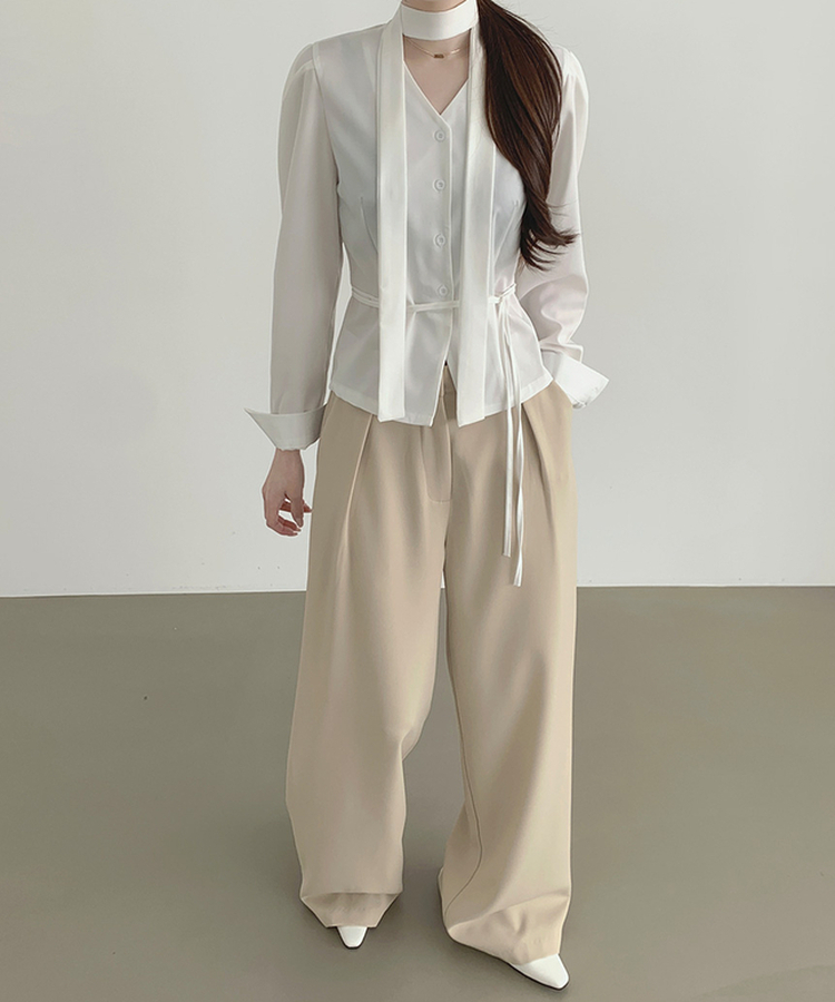 プリーツワイドバンドスラックス BEIGE