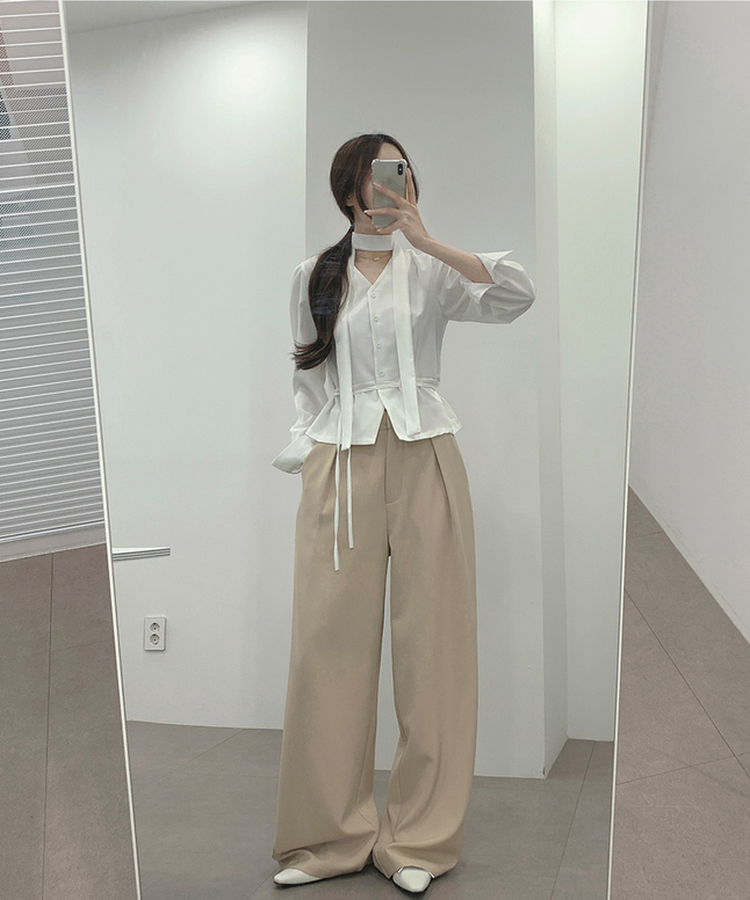 プリーツワイドバンドスラックス BEIGE