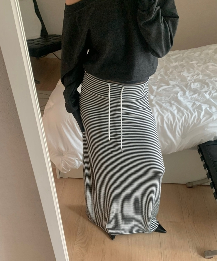 ストライプマキシロングスカート(5color) BLACK