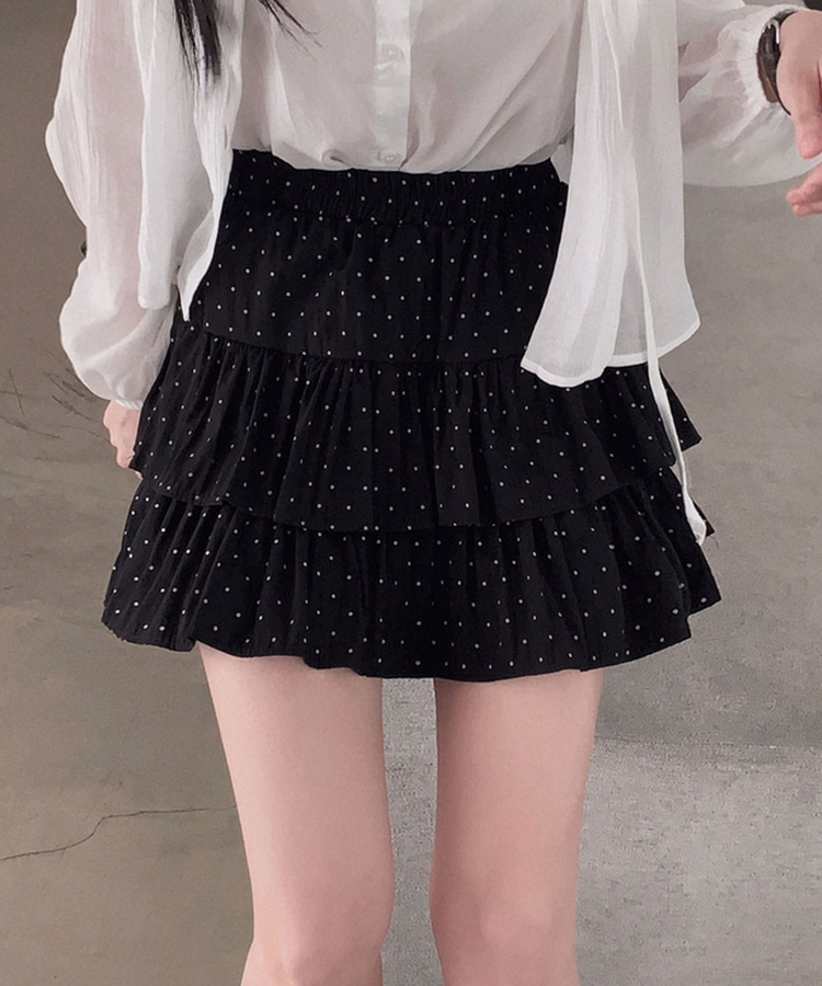 딱 예쁜 핏에 도트 포인트캘리 도트 캉캉 미니 스커트 블랙