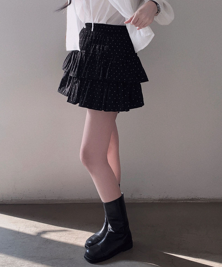 딱 예쁜 핏에 도트 포인트캘리 도트 캉캉 미니 스커트 블랙