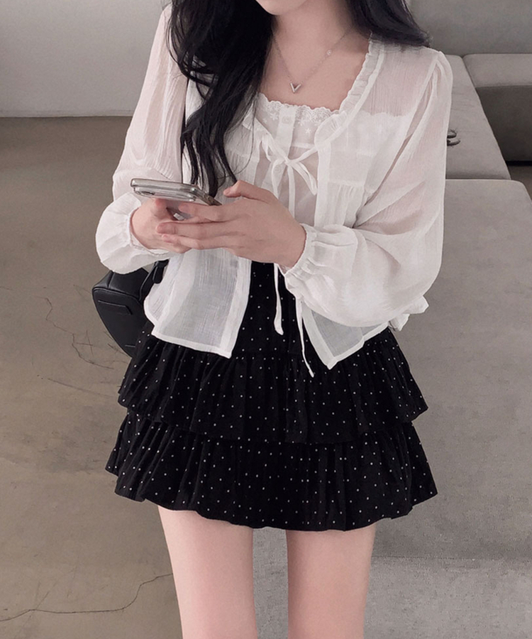 딱 예쁜 핏에 도트 포인트캘리 도트 캉캉 미니 스커트 블랙