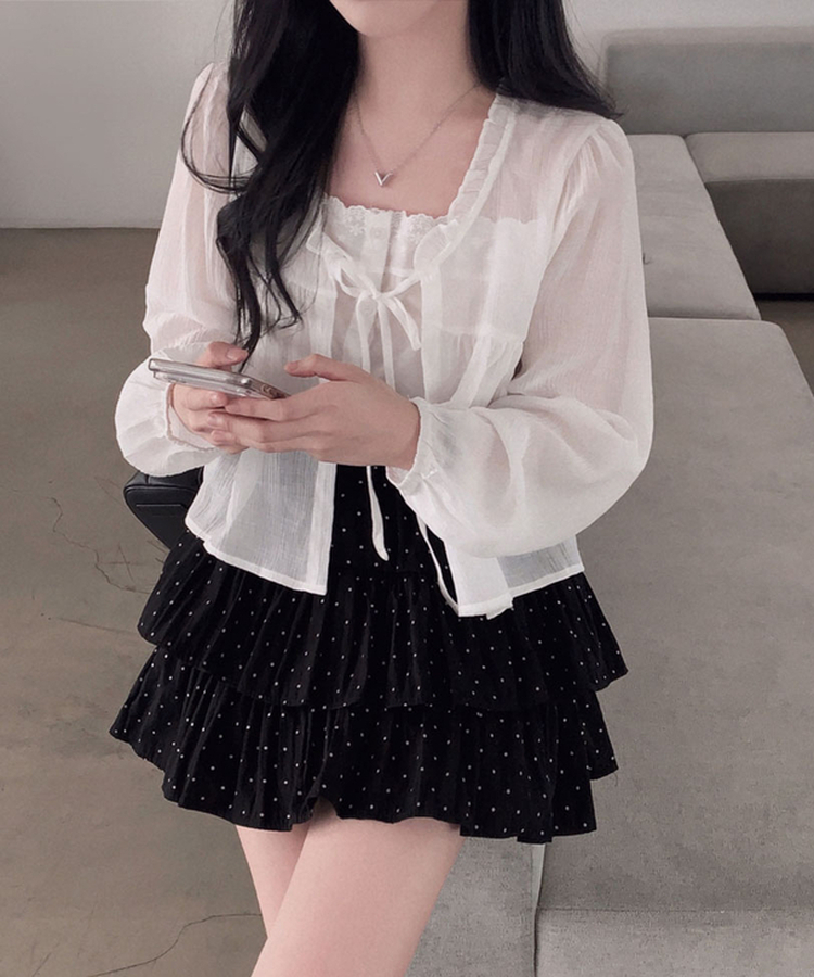 딱 예쁜 핏에 도트 포인트캘리 도트 캉캉 미니 스커트 블랙