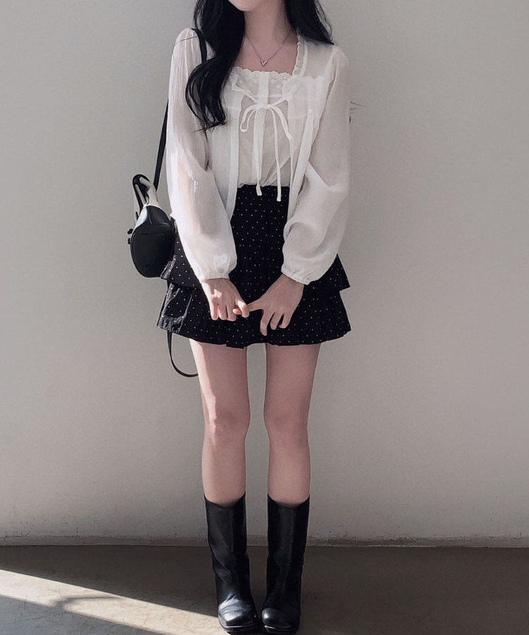 딱 예쁜 핏에 도트 포인트캘리 도트 캉캉 미니 스커트 블랙
