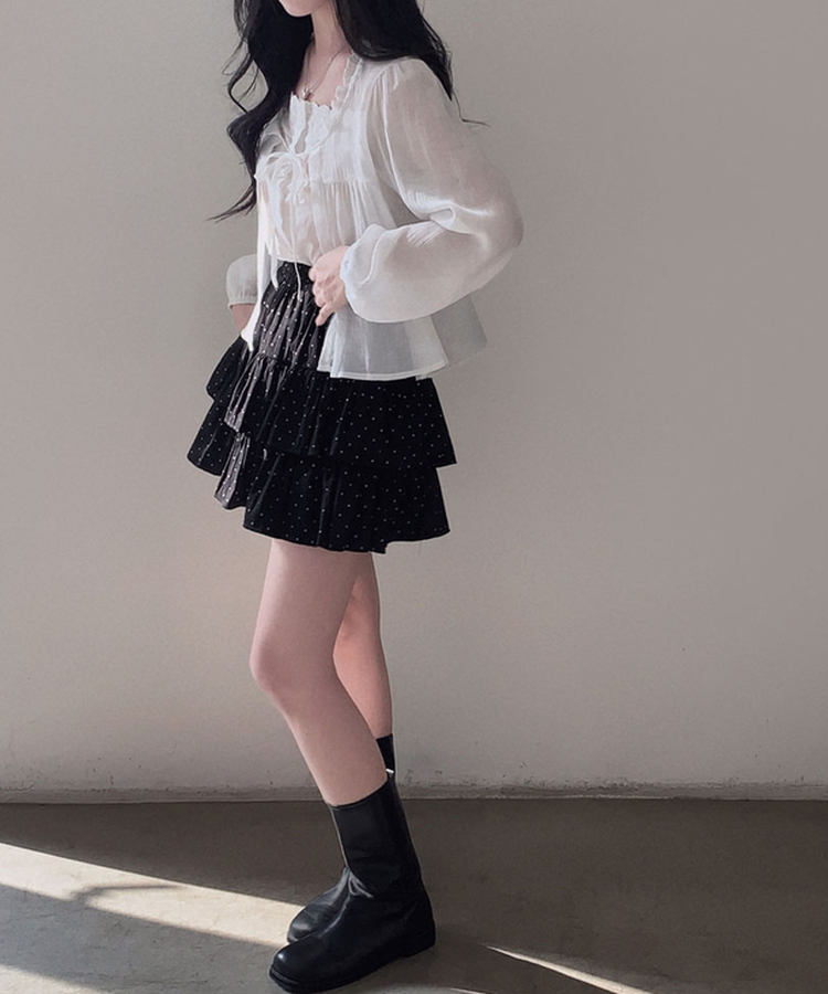 딱 예쁜 핏에 도트 포인트캘리 도트 캉캉 미니 스커트 블랙