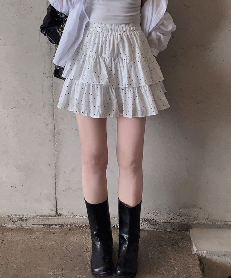 딱 예쁜 핏에 도트 포인트캘리 도트 캉캉 미니 스커트 아이보리