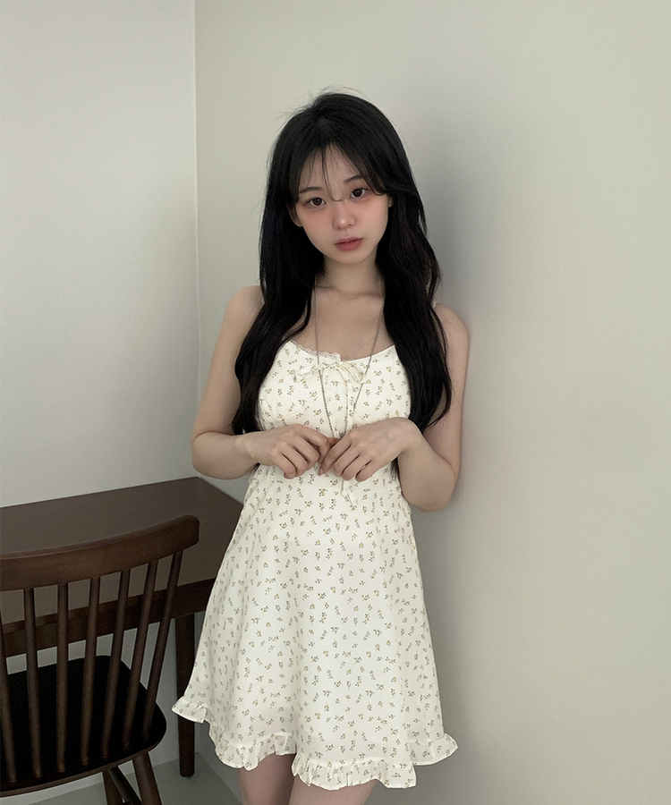リボンフリルフラワーキャミソールミニワンピース WHITE
