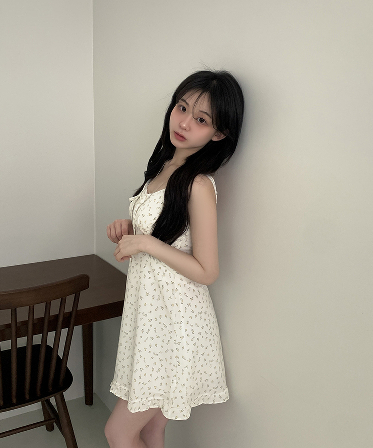 リボンフリルフラワーキャミソールミニワンピース WHITE