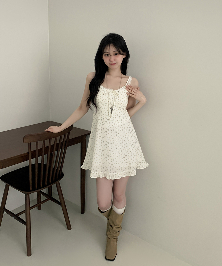 リボンフリルフラワーキャミソールミニワンピース WHITE