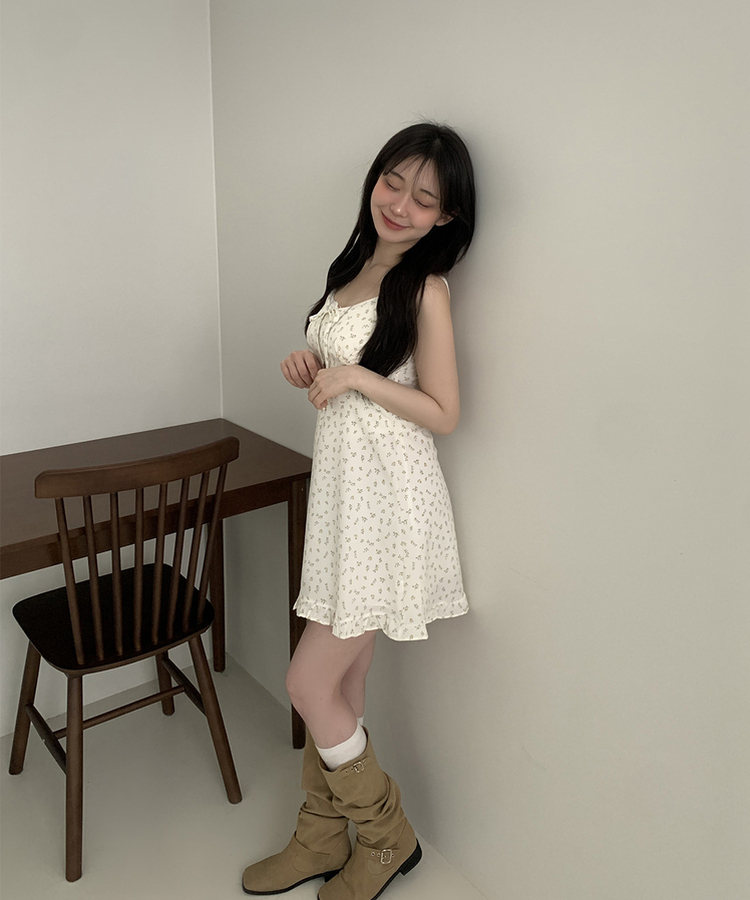 リボンフリルフラワーキャミソールミニワンピース WHITE