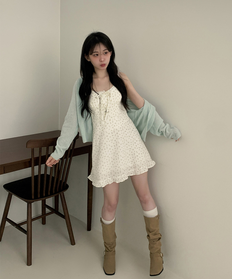 リボンフリルフラワーキャミソールミニワンピース WHITE