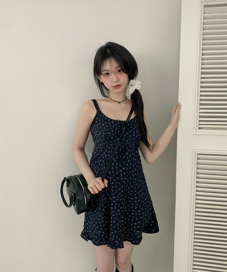 リボンフリルフラワーキャミソールミニワンピース NAVY