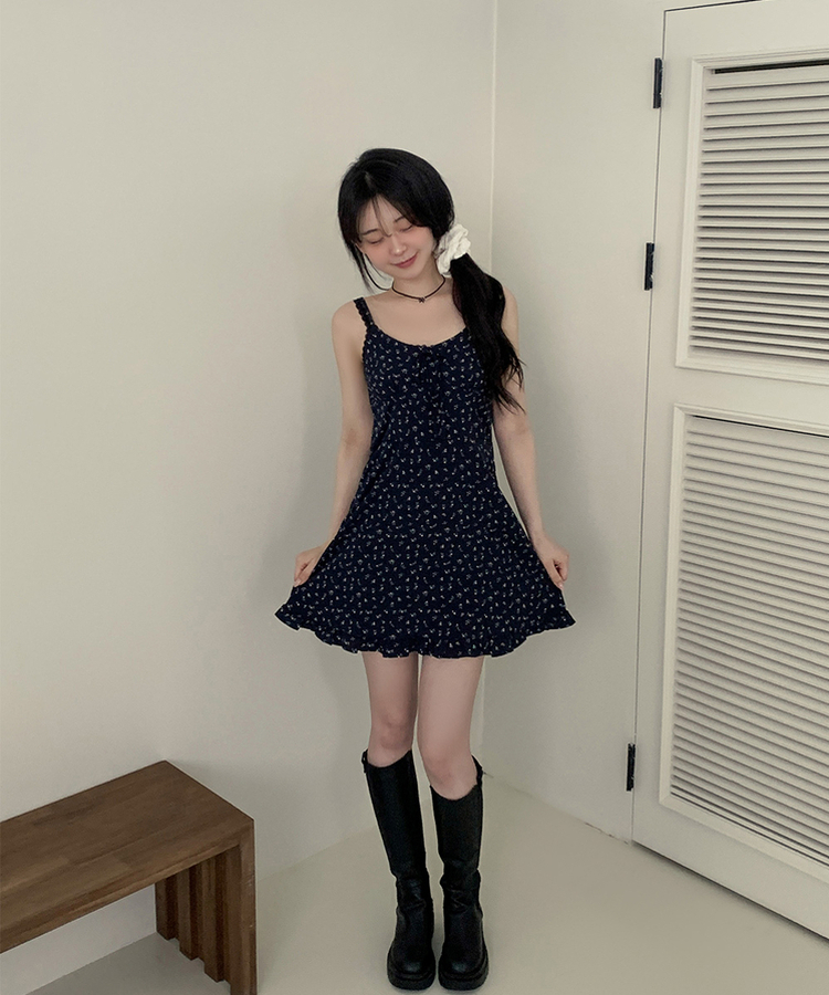 リボンフリルフラワーキャミソールミニワンピース NAVY