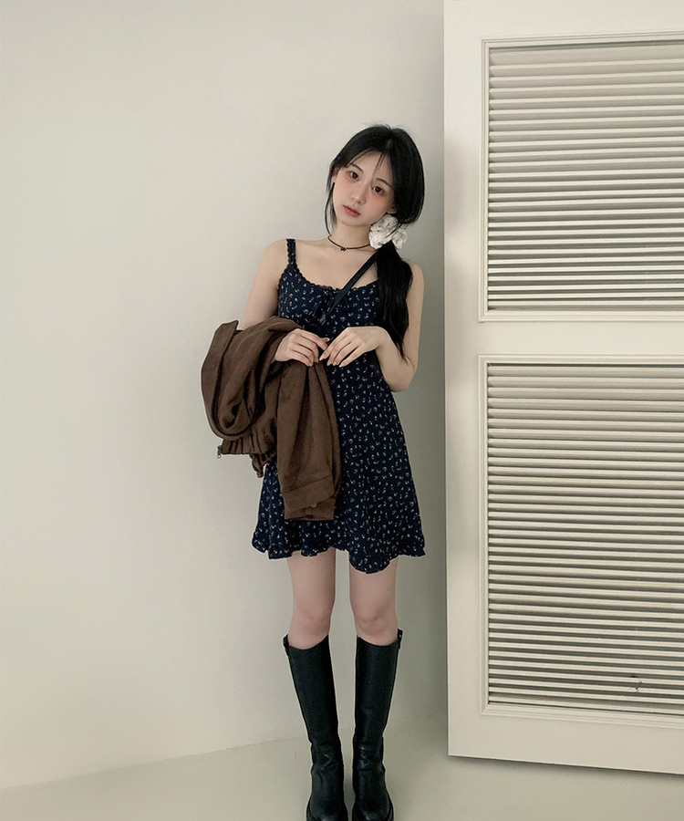 リボンフリルフラワーキャミソールミニワンピース NAVY