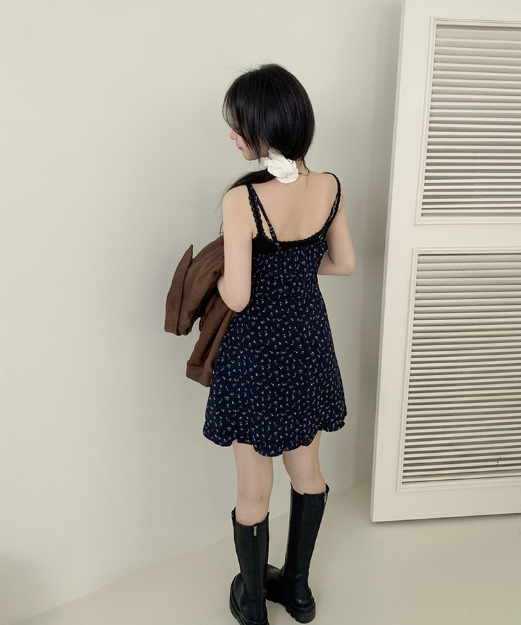 リボンフリルフラワーキャミソールミニワンピース NAVY