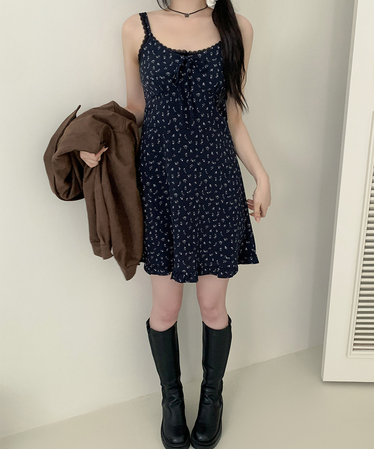 リボンフリルフラワーキャミソールミニワンピース NAVY