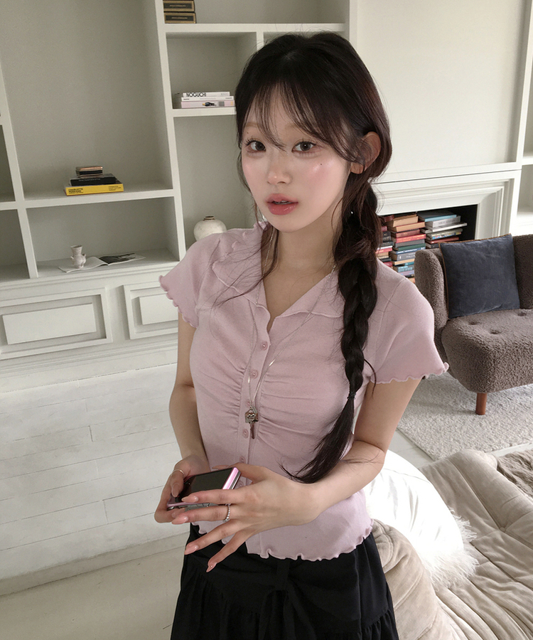 シアリング半袖ボタントップス PINK