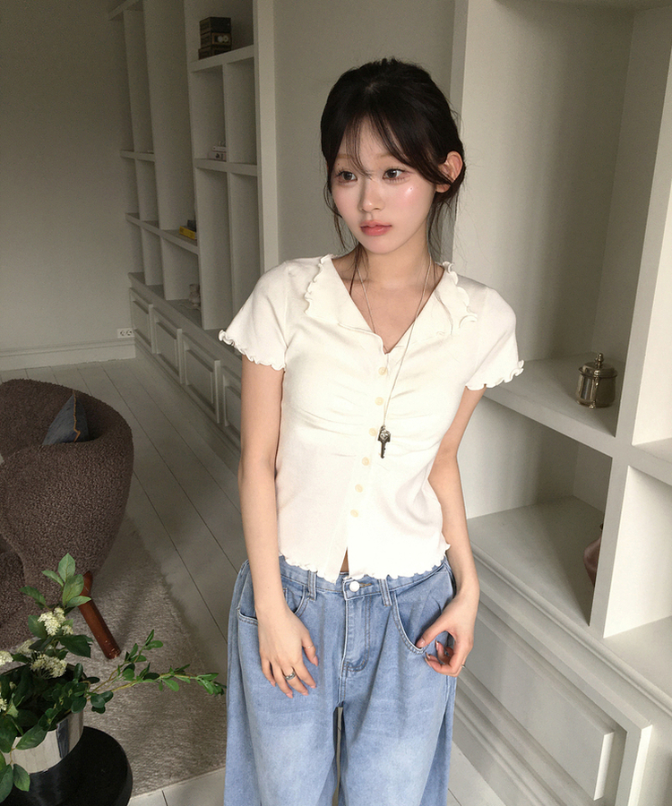 シアリング半袖ボタントップス IVORY