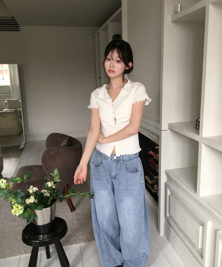 シアリング半袖ボタントップス IVORY