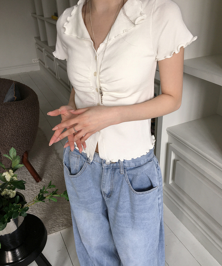 シアリング半袖ボタントップス IVORY