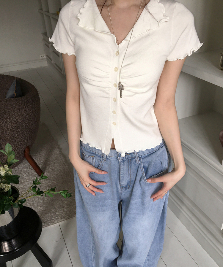 シアリング半袖ボタントップス IVORY