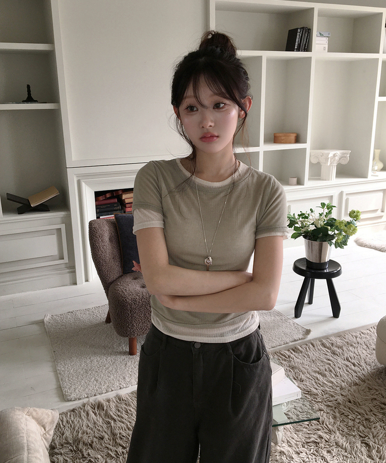 【SET】レイヤード半袖トップス KHAKI