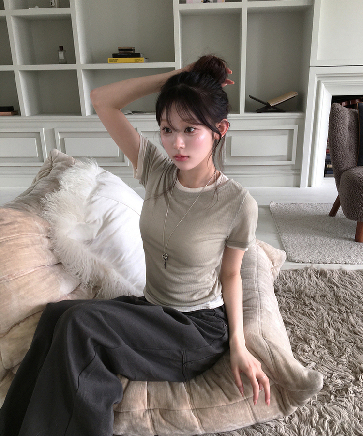 【SET】レイヤード半袖トップス KHAKI
