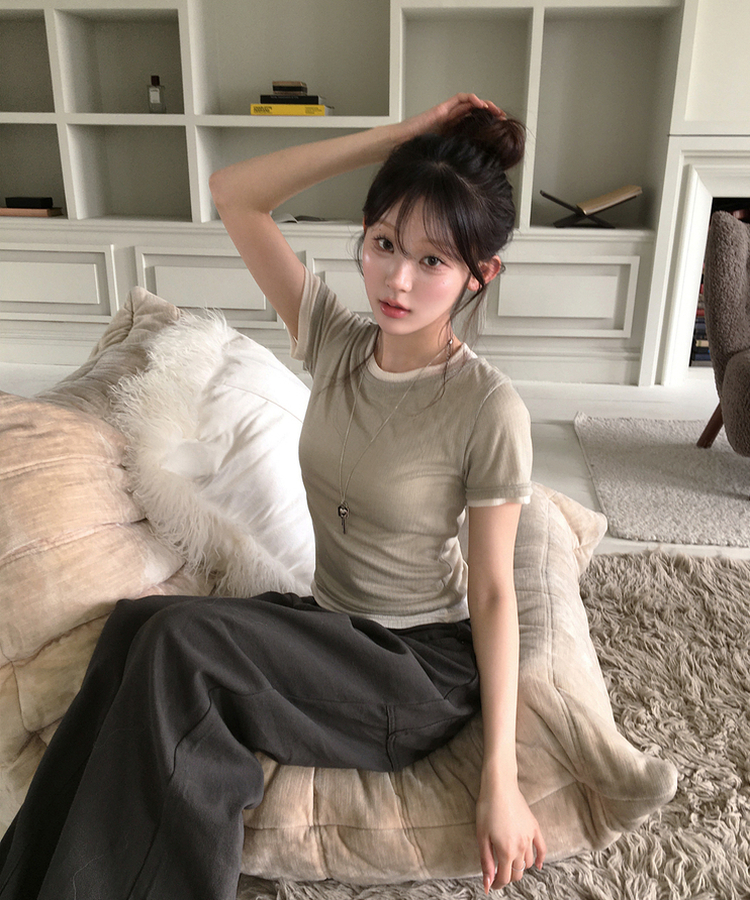 【SET】レイヤード半袖トップス KHAKI