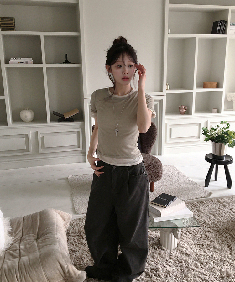 【SET】レイヤード半袖トップス KHAKI