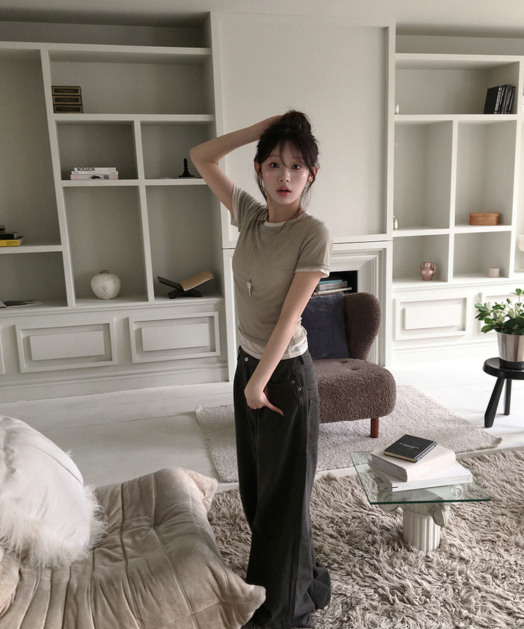 【SET】レイヤード半袖トップス KHAKI