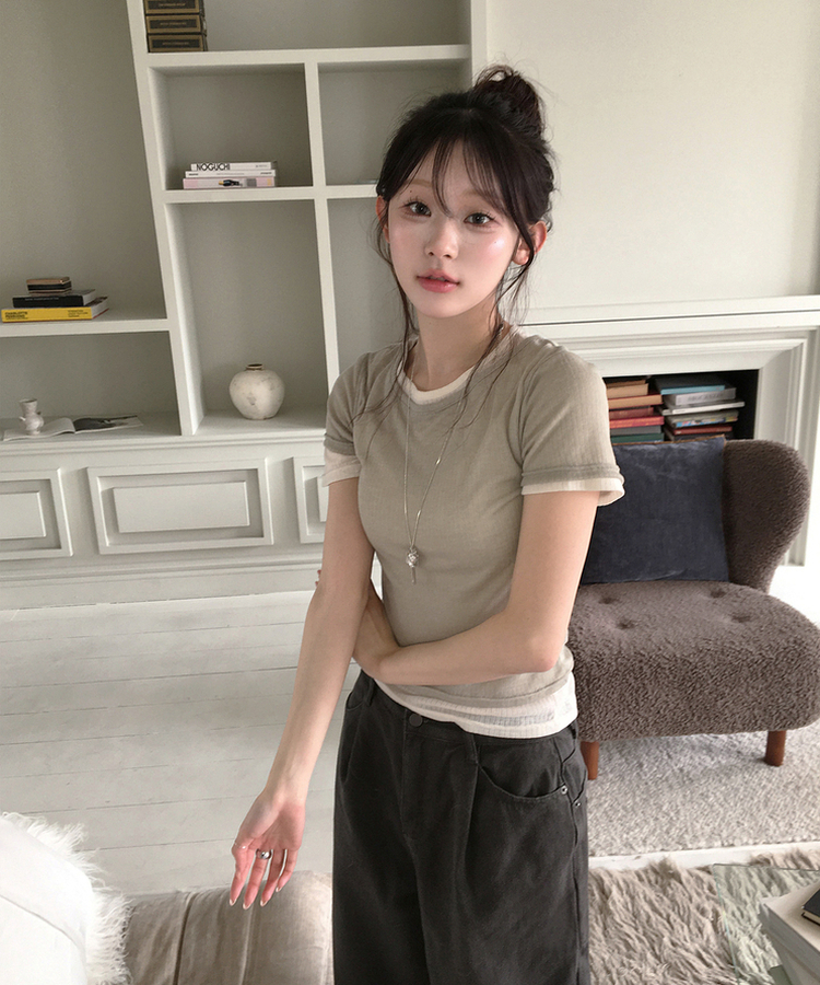【SET】レイヤード半袖トップス KHAKI