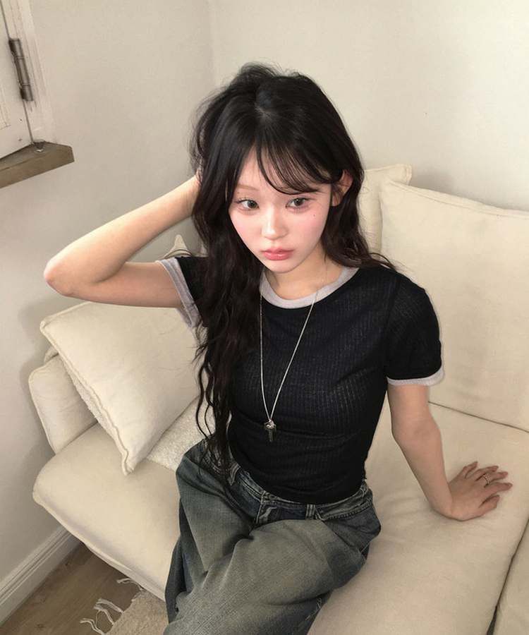 【SET】レイヤード半袖トップス BLACK