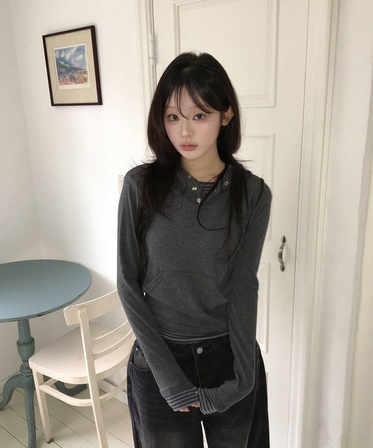 フードボーダーレイヤードトップス CHARCOAL