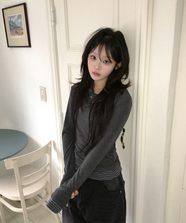 フードボーダーレイヤードトップス CHARCOAL