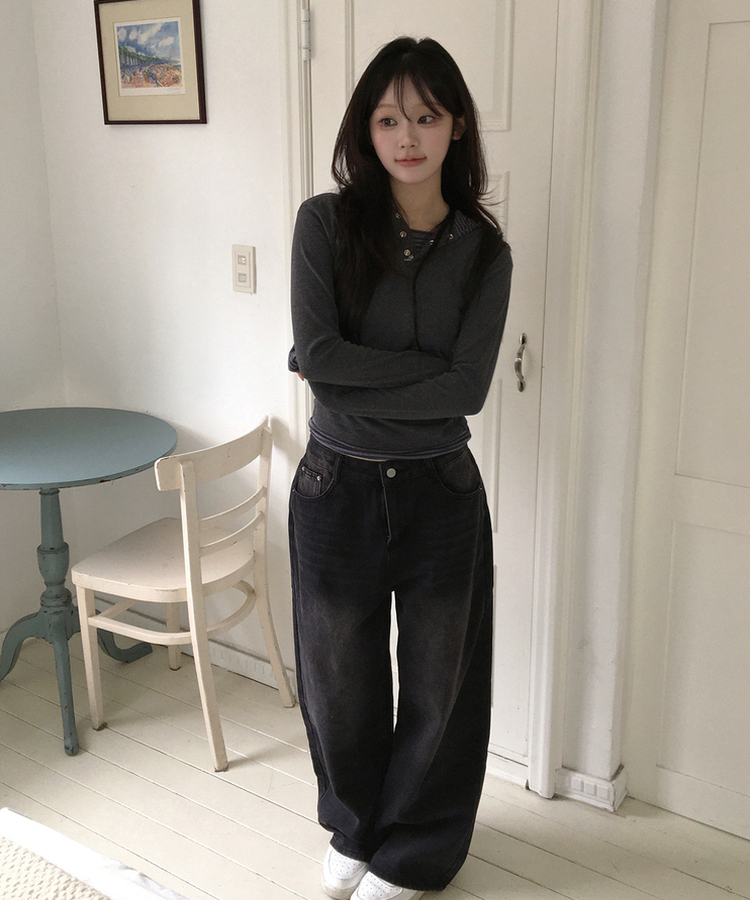 フードボーダーレイヤードトップス CHARCOAL