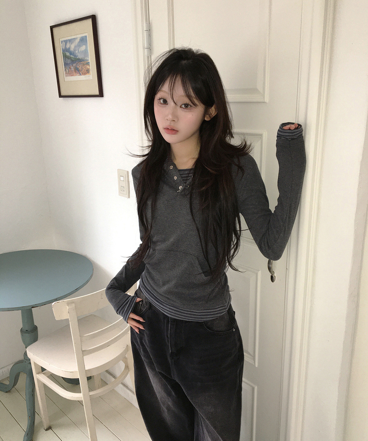 フードボーダーレイヤードトップス CHARCOAL