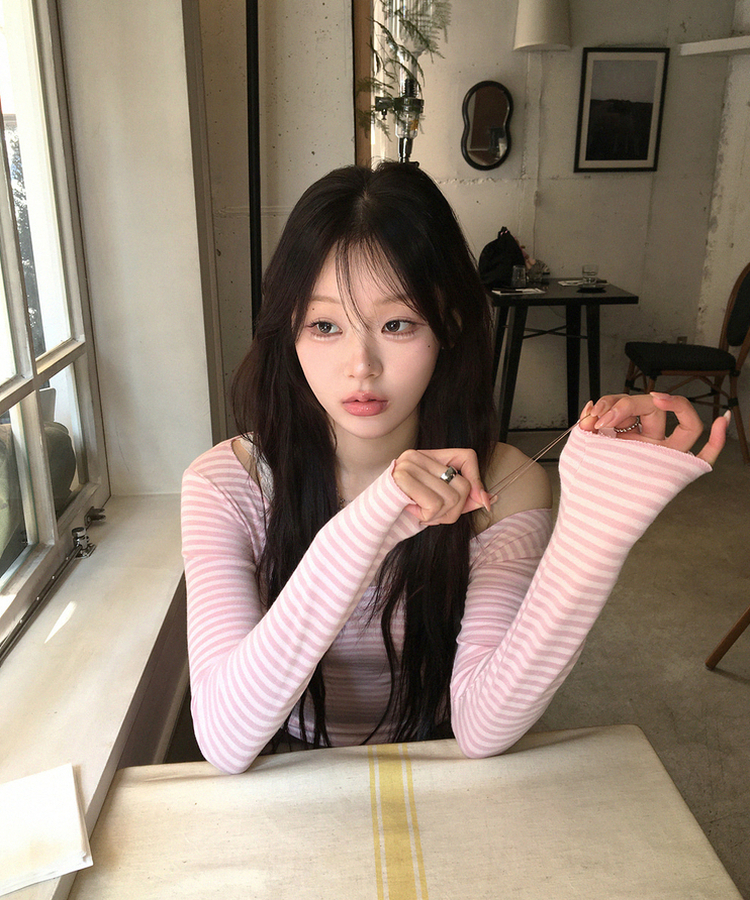 オフショルボーダースリムトップス PINK