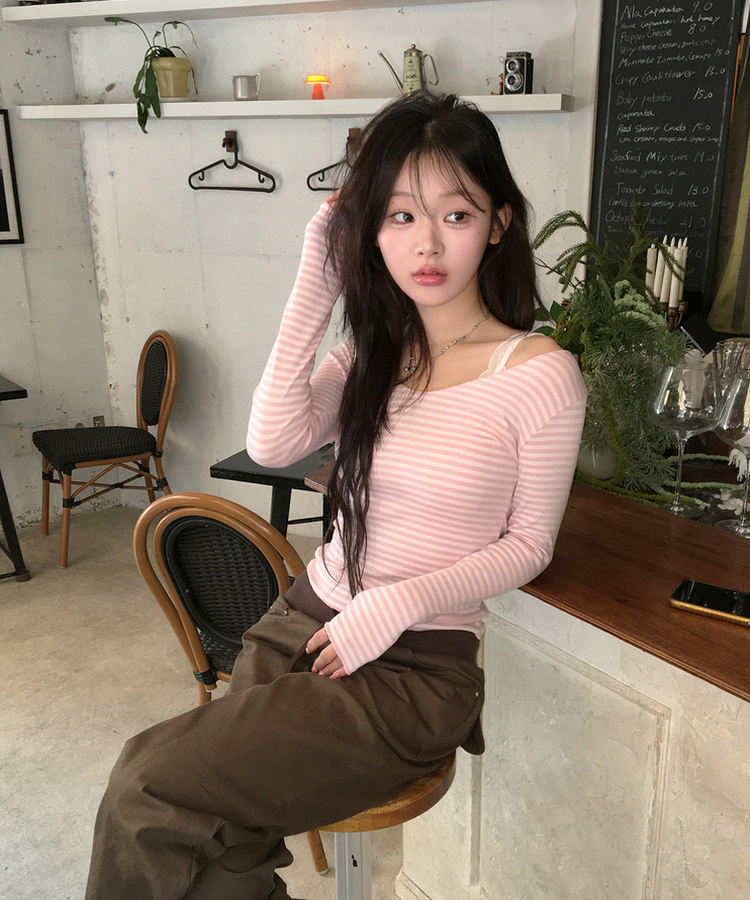 オフショルボーダースリムトップス PINK