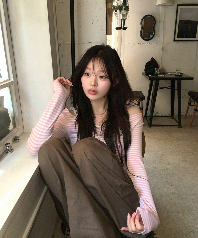 オフショルボーダースリムトップス PINK