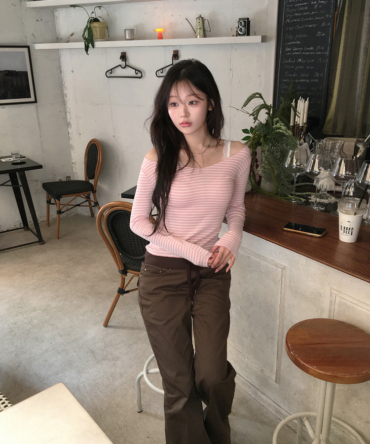 オフショルボーダースリムトップス PINK