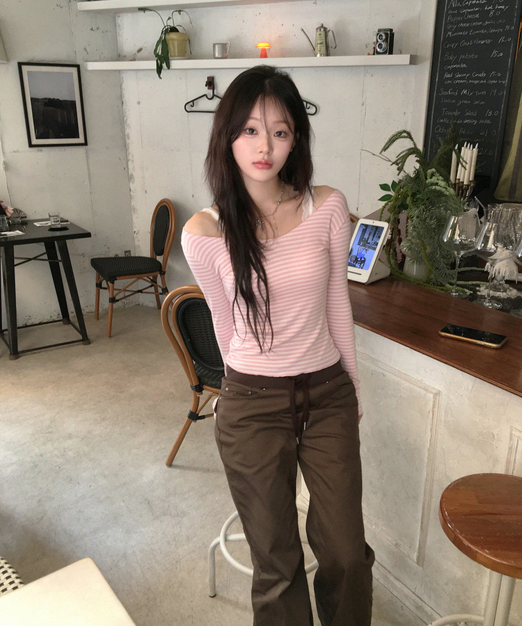 オフショルボーダースリムトップス PINK