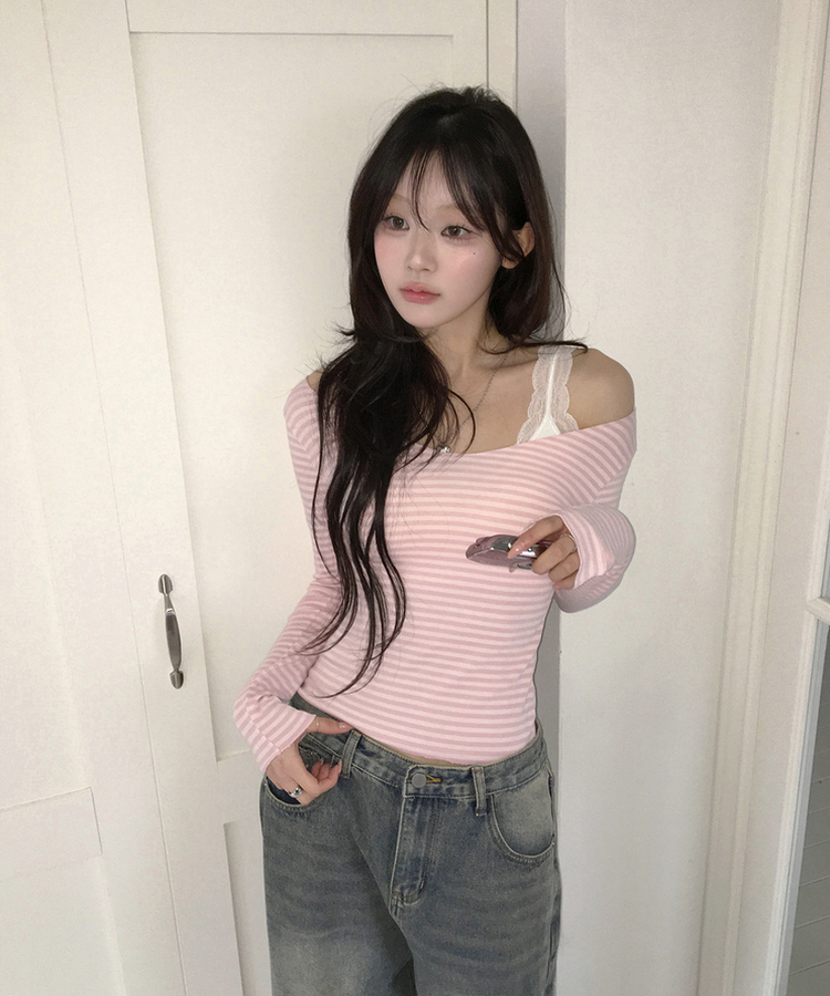 オフショルボーダースリムトップス PINK