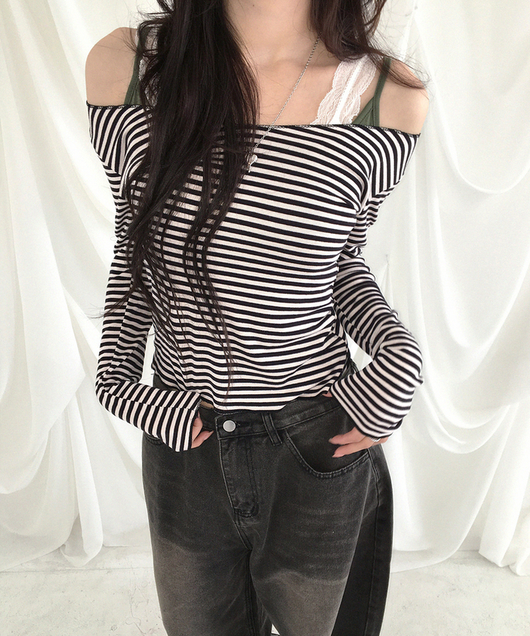 オフショルボーダースリムトップス IVORY